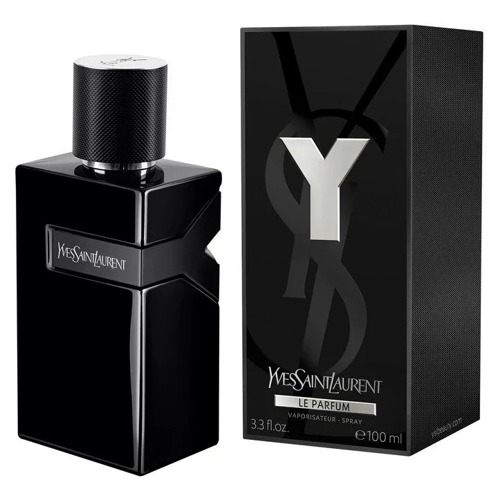 Black YSL perfume bottle and packaging on a white background