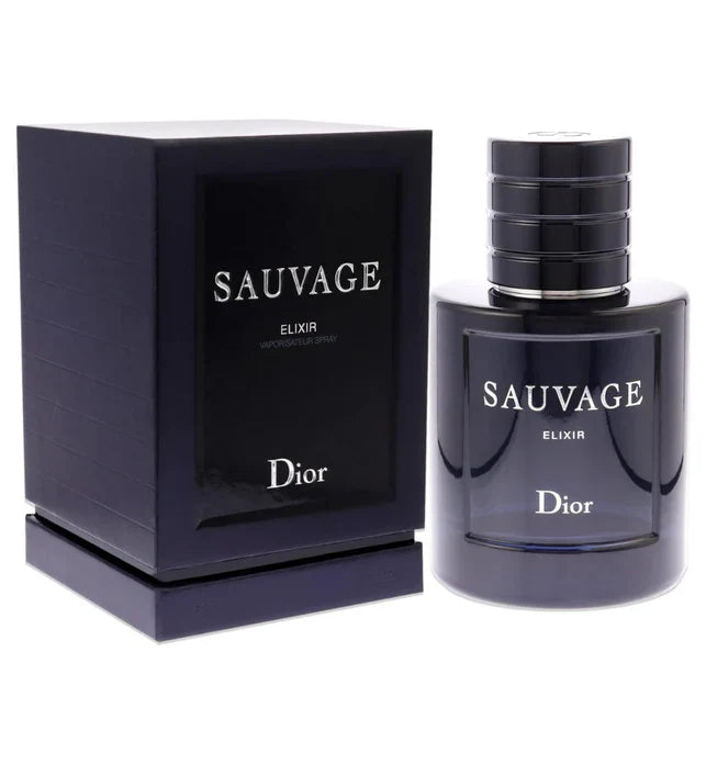 Dior Sauvage Elixir perfume bottle and packaging on a white background