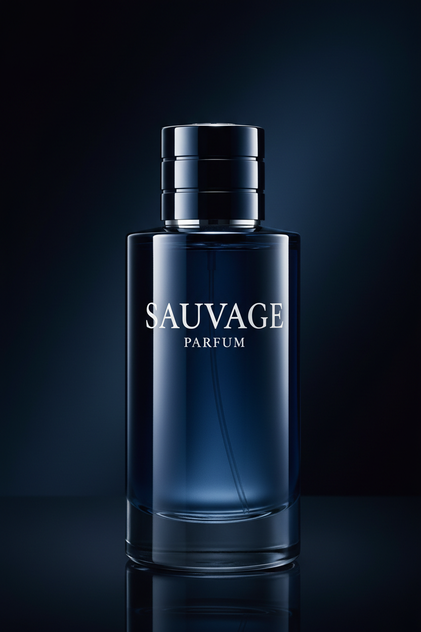 Close-up of Dior Sauvage Parfum bottle showing gradient blue design