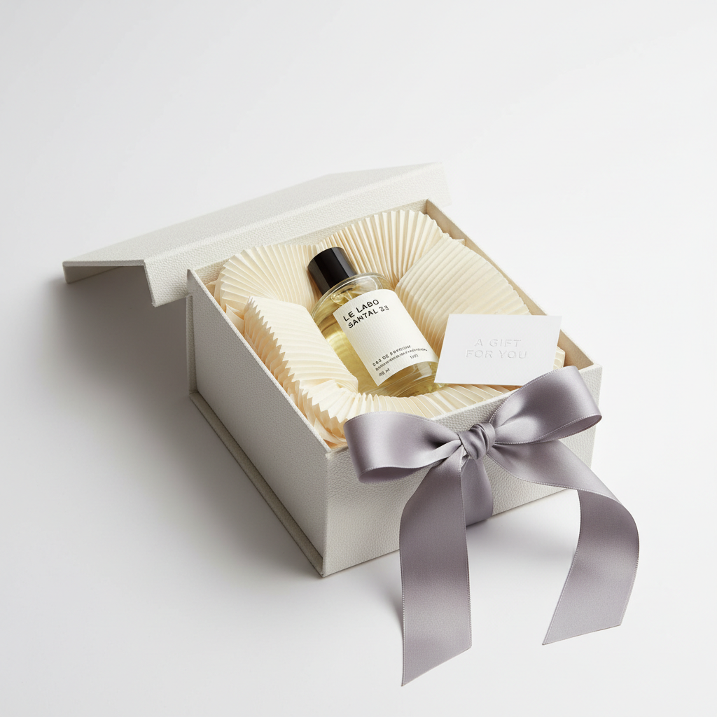 Le Labo Santal 33 perfume bottle in open luxury gift box with ribbon