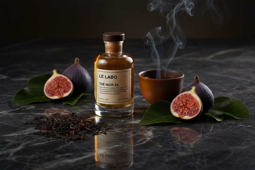 Le Labo The Noir 29 perfume bottle on dark marble surface with dramatic lighting