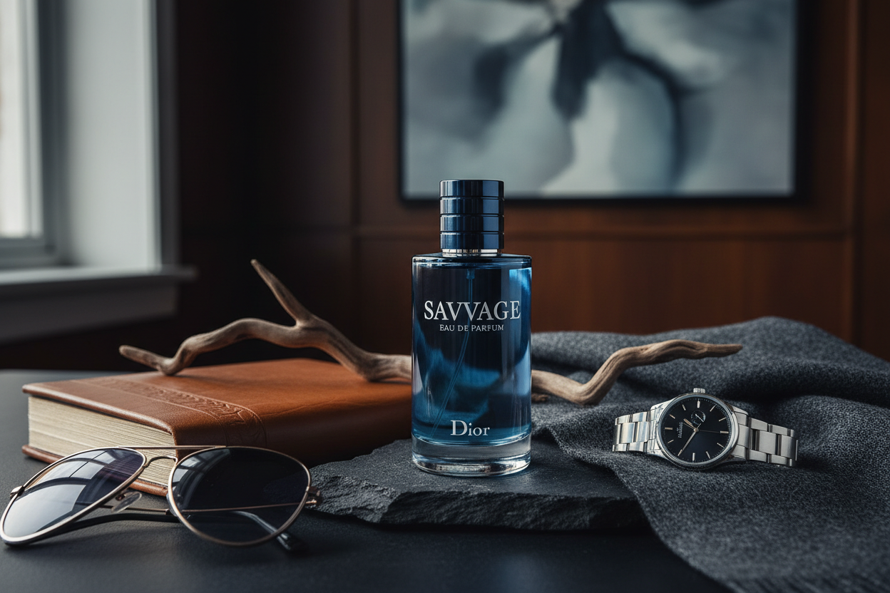 Sauvage Eau de Parfum lifestyle shot on sophisticated masculine setting