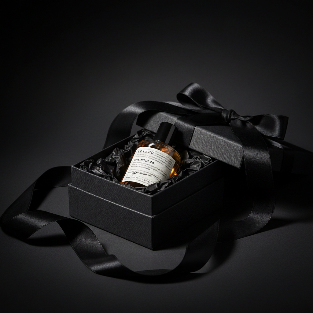 Le Labo The Noir 29 perfume bottle in open luxury gift box with dark ribbon