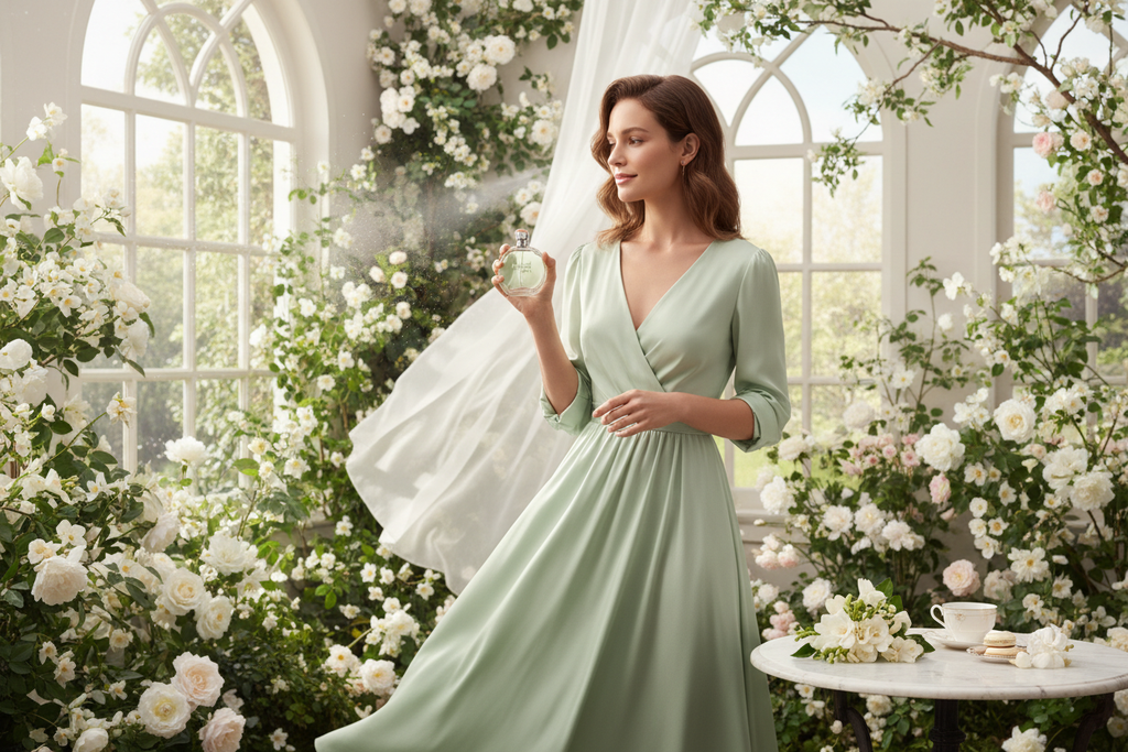 Chanel Chance Eau Fraiche lifestyle shot elegant woman fresh spring setting