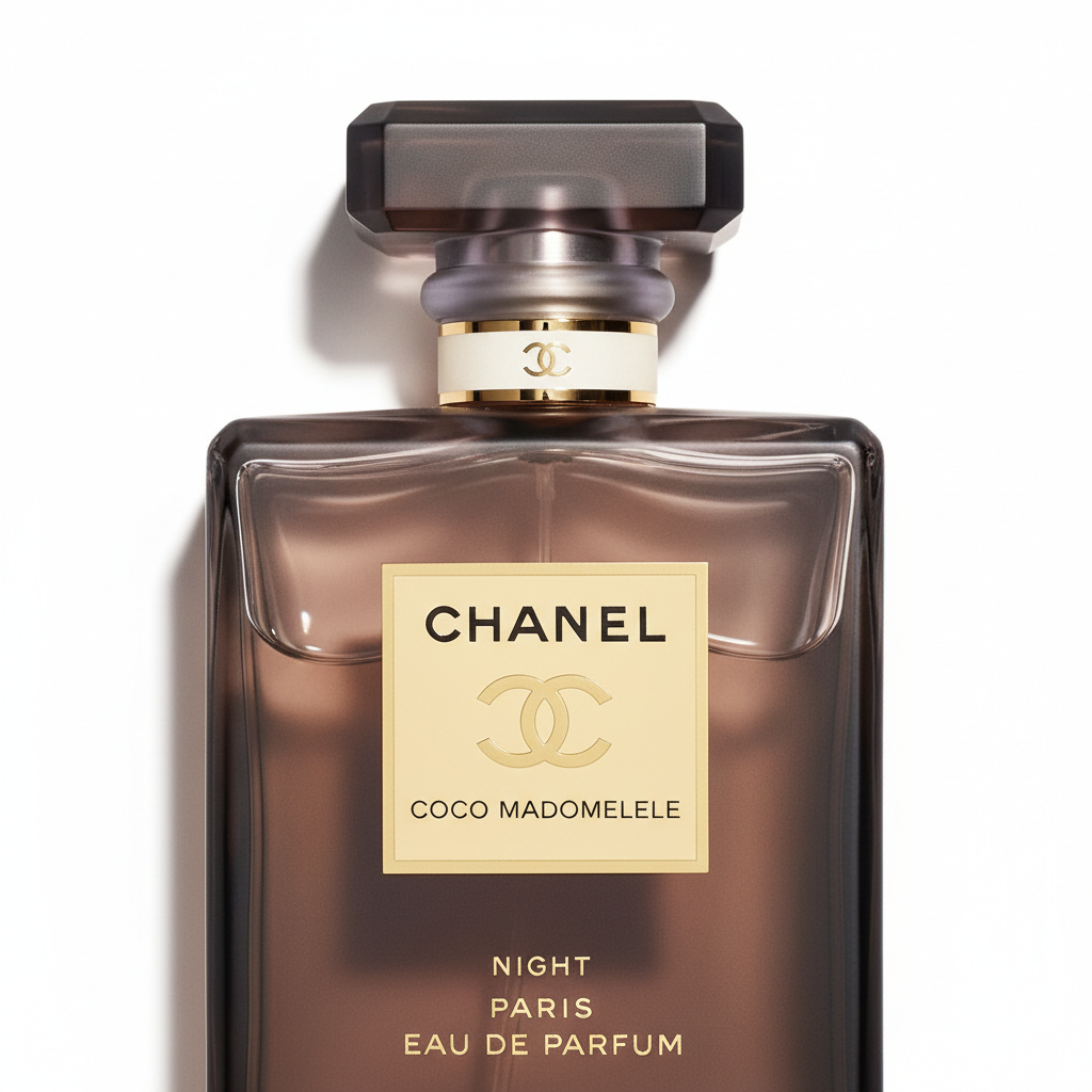 Chanel Coco Mademoiselle L'Eau Privée Night close-up gold logo and dark glass detail