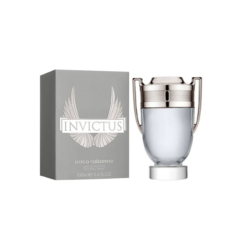 Paco Rabanne Invictus perfume bottle and packaging on a white background
