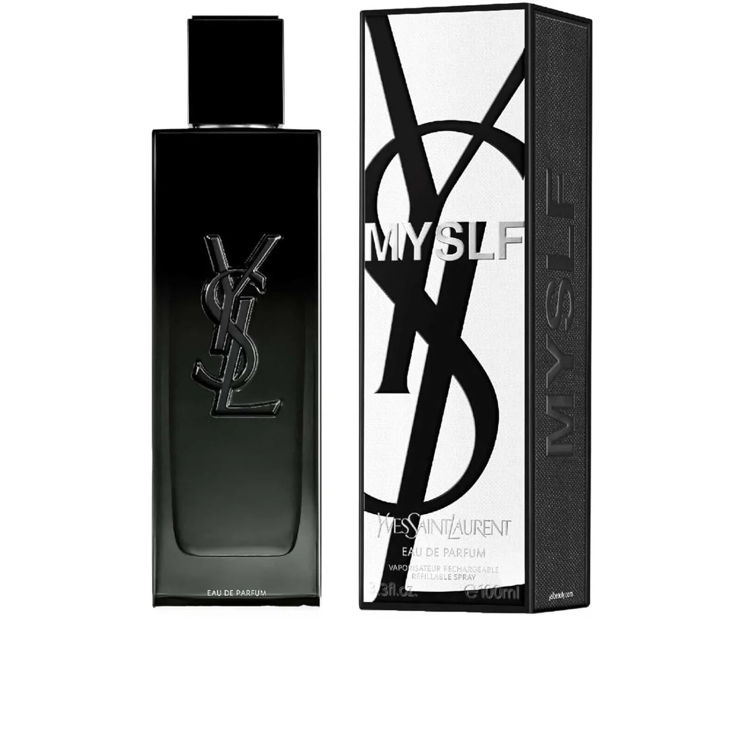 Black YSL perfume bottle and packaging on a white background